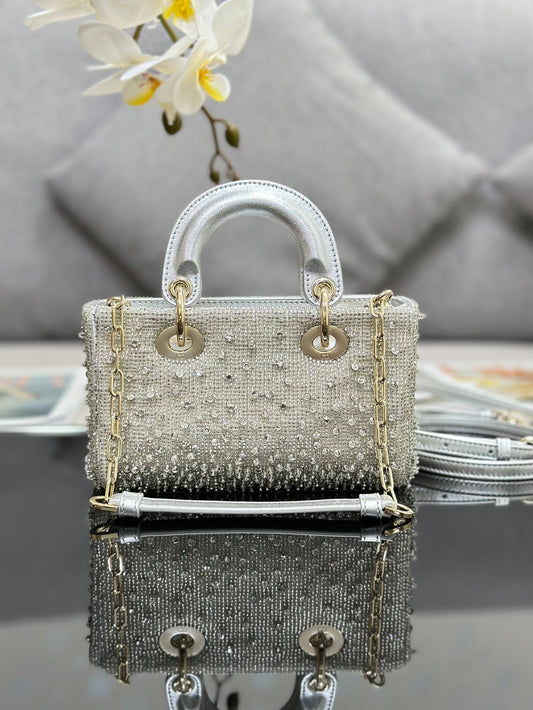 Dior LAdy D-Joy Silver-Tone Satin with Gradient Bead Embroidery - 16 x 9 x 5 cm