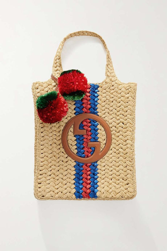 GUCCI Embellished leather-trimmed crocheted raffia tote
