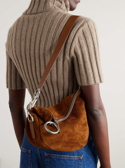 BURBERRY Small embellished suede shoulder bag Tan