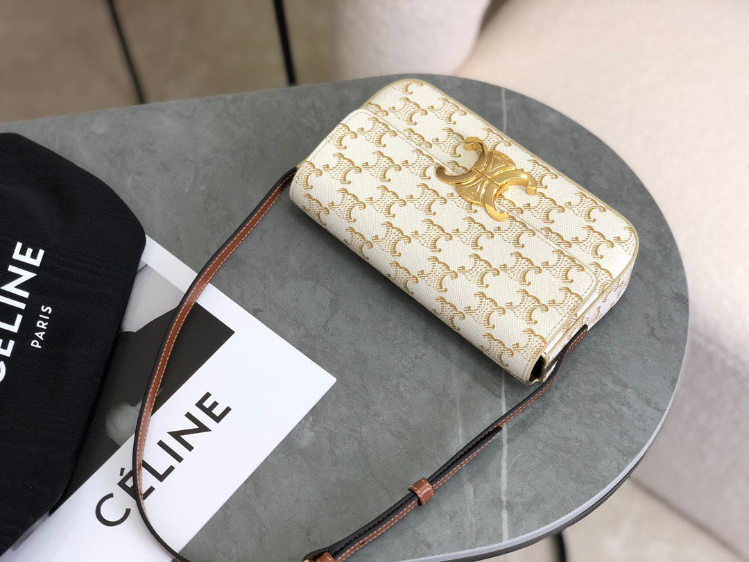 CELINE Triomphe Shoulder Bag In Triomphe Canvas And Calfskin White 20 x 10 x 4 cm