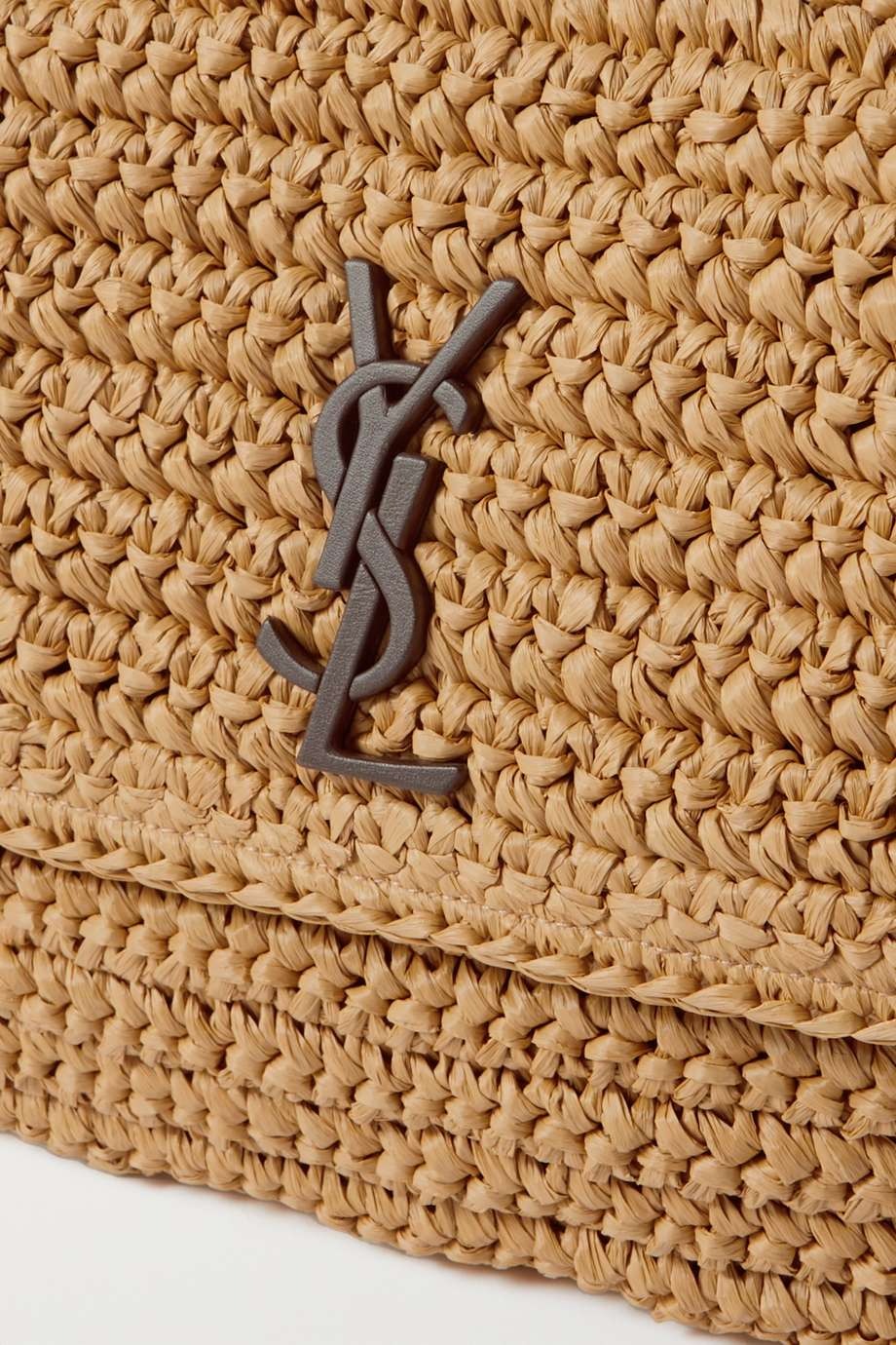 SAINT LAURENT Niki medium leather-trimmed raffia shoulder bag Cream