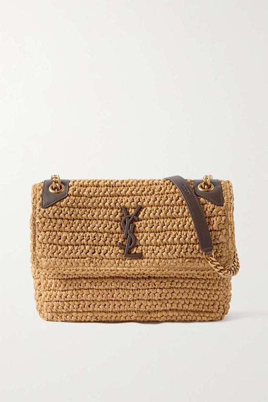 SAINT LAURENT Niki medium leather-trimmed raffia shoulder bag Cream