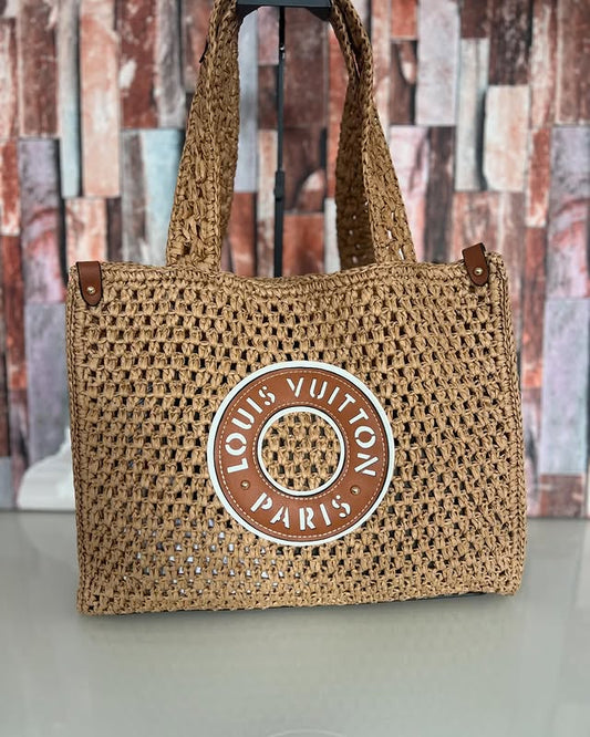 LOUIS VUITTON Raffia Calfskin By The Pool OnTheGo MM Natural 39x15x30cm