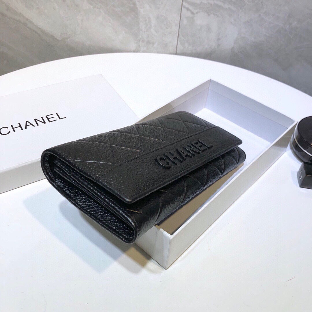 CHANEL Premium Leather Trendy Long Wallet Black 19x10cm