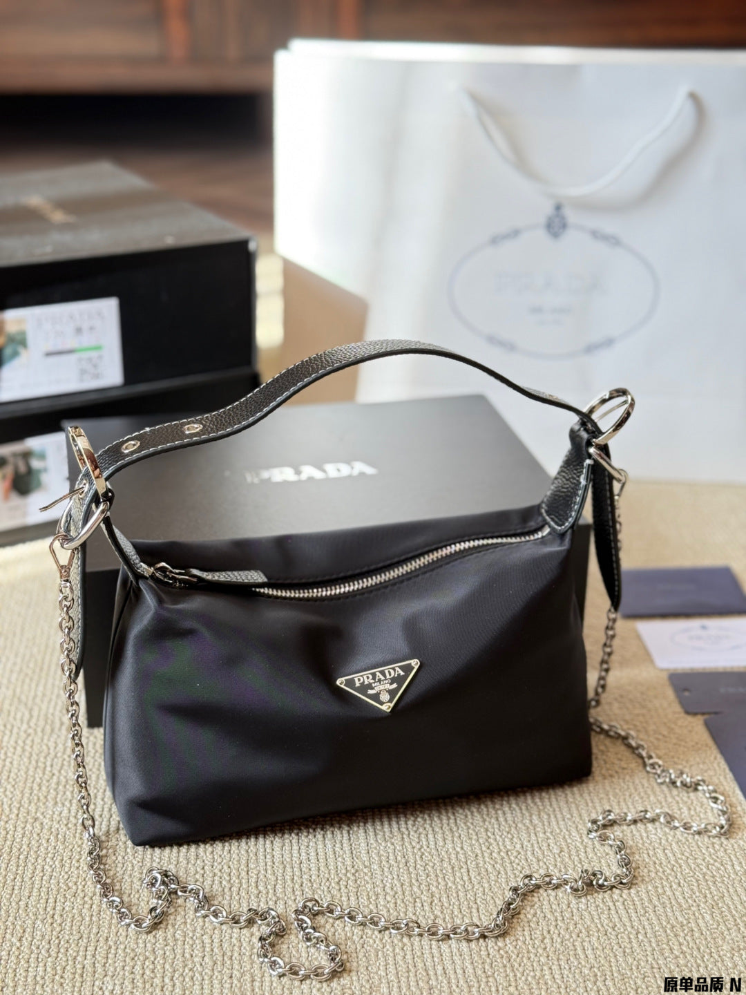 Prada Black Tote Bag Leather Shoulder Strap Vintage 25x14cm