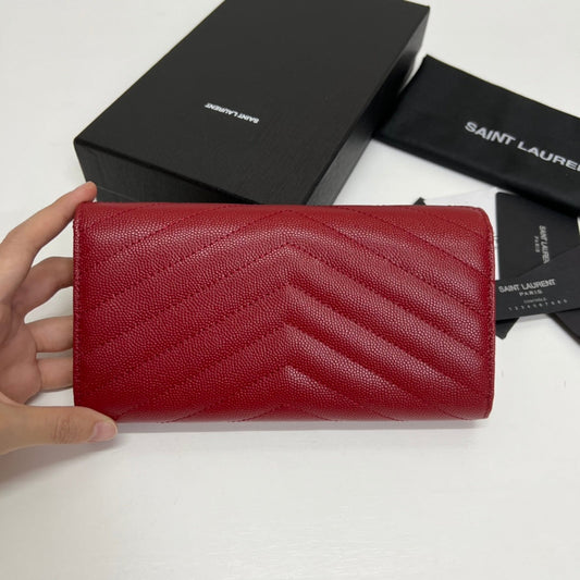 YSL Long Wallet Red Leather Gold Tone 10771 19cm