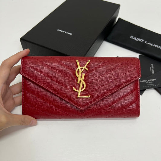 YSL Long Wallet Red Leather Gold Tone 10771 19cm