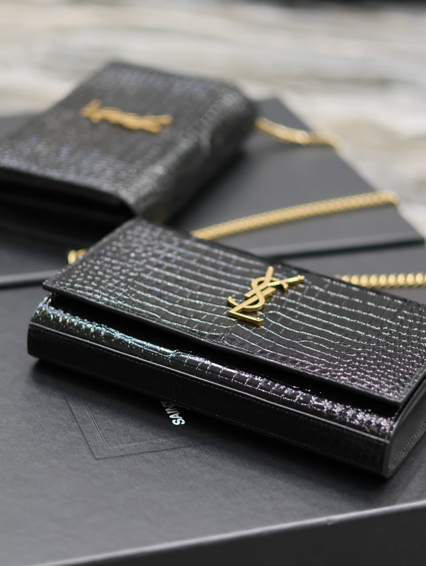 YSL Kate Croc Embossed BLack Gold Hardware - 23x14x3cm