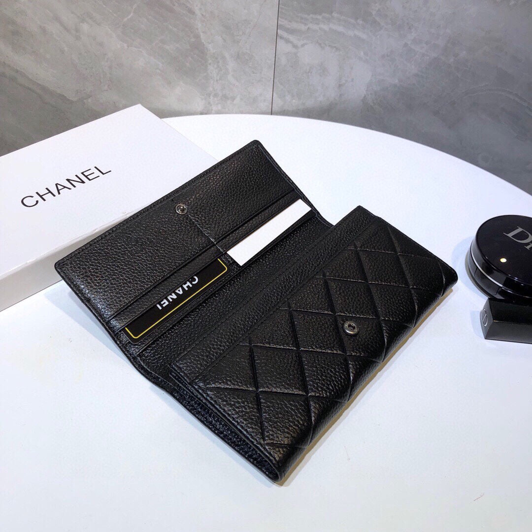 CHANEL Premium Leather Trendy Long Wallet Black 19x10cm