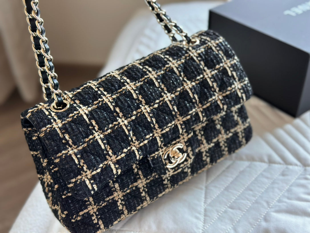 CHANEL Black and Beige Tweed 19 Flap Small Mixed Hardware 10.0 x 6.5 x 3.75 in