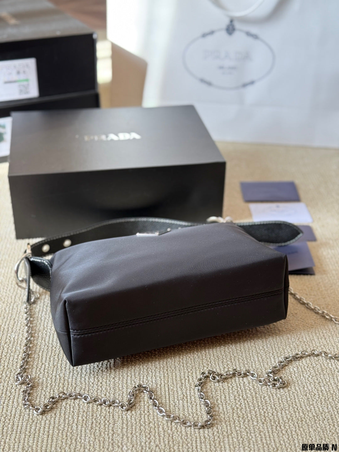 Prada Black Tote Bag Leather Shoulder Strap Vintage 25x14cm