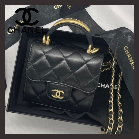 Bagsaaa Chanel Flap Bag Lambskin Leather Gold Handle In Black